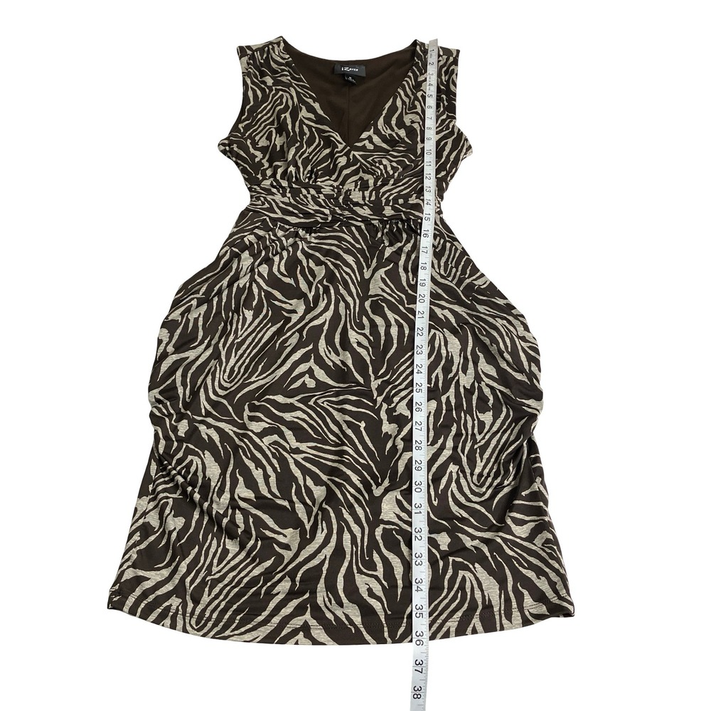 Y2K IZ Byer Zebra Dress Medium Brown Ruched Babydoll Empire Tie Waist Sleeveless - Picture 9 of 14